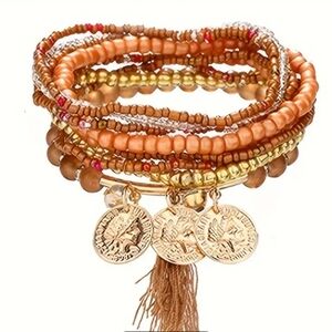 8PCS Bohemian Stackable Elastic Beaded Bracelets, Elegant Multi-Layer Stretch